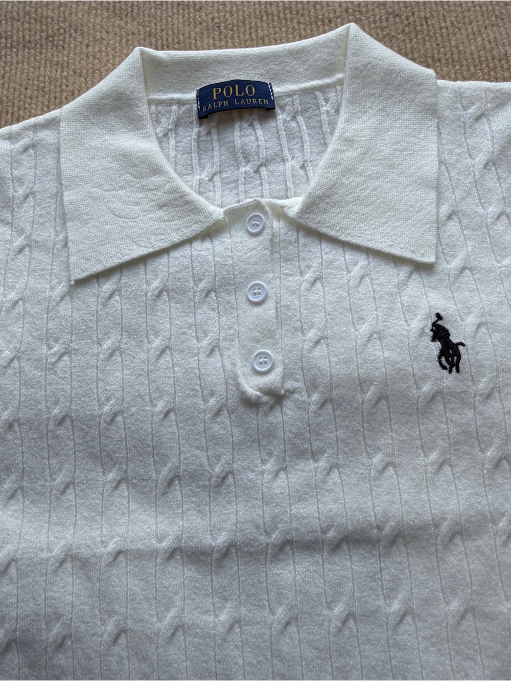Polo by Ralph Lauren White Short Sleeve Cable Polo with Navy Pony - Picture 3 of 5